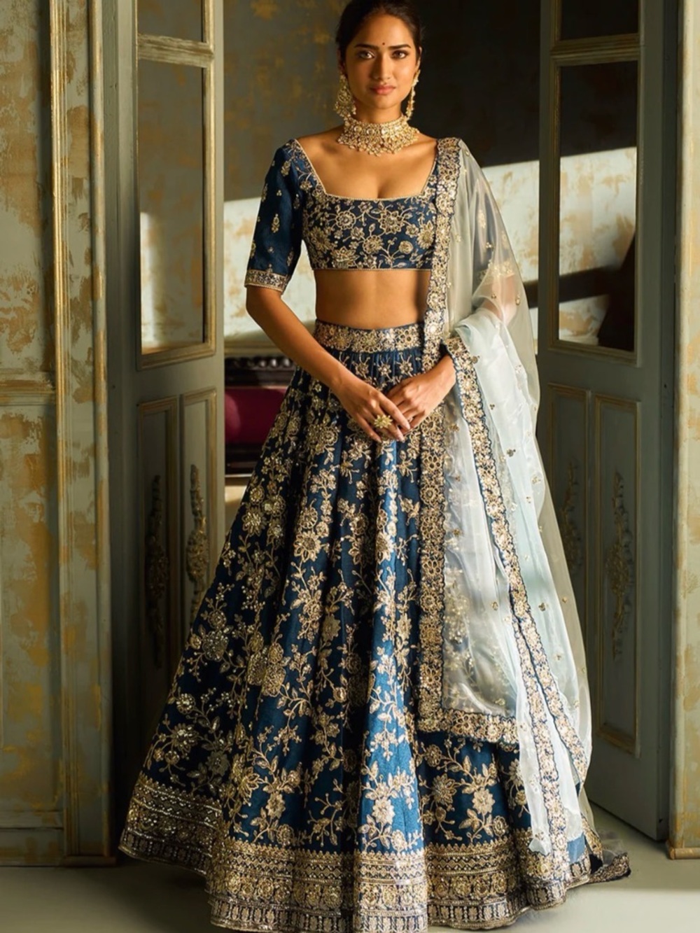 Navy Blue Embroidered Lehenga with Ivory Dupatta